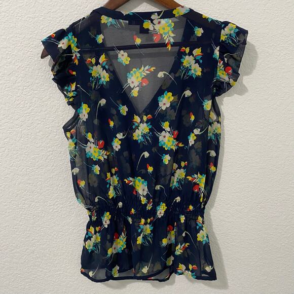 Vtg Forever 21 Blouse Top Womens Size M Sheer Floral Navy Flutter Sleeve Peplum - Picture 2 of 9